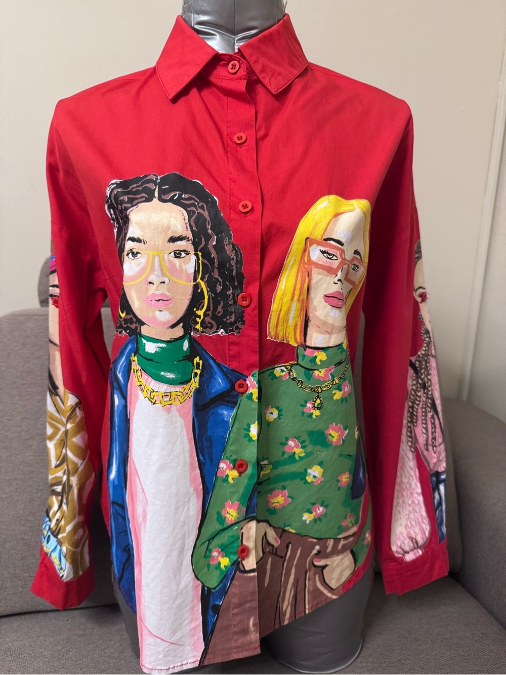 Red Hand-Painted Portrait Button-Down Shirt